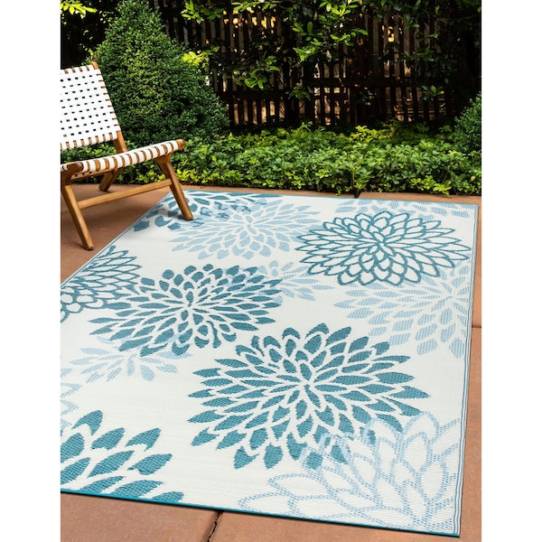 World Rug Gallery Modern Floral Aloha Reversible Recycled Plastic 3' X 5' Blue Outdoor Rug 6069BLUE3X5 - main